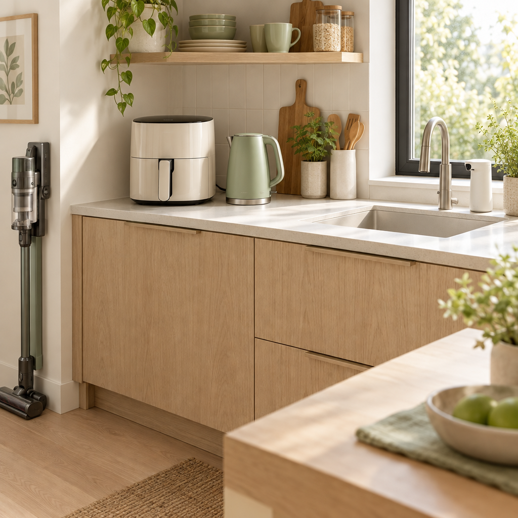 Efficient kitchen with helpful appliances and small home conveniences.