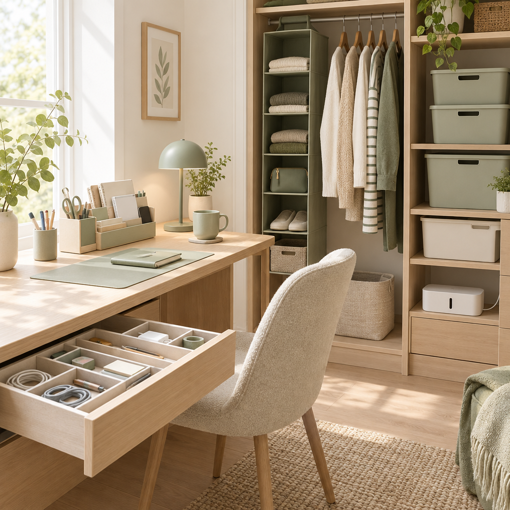Organized home workspace and closet with storage bins and dividers.